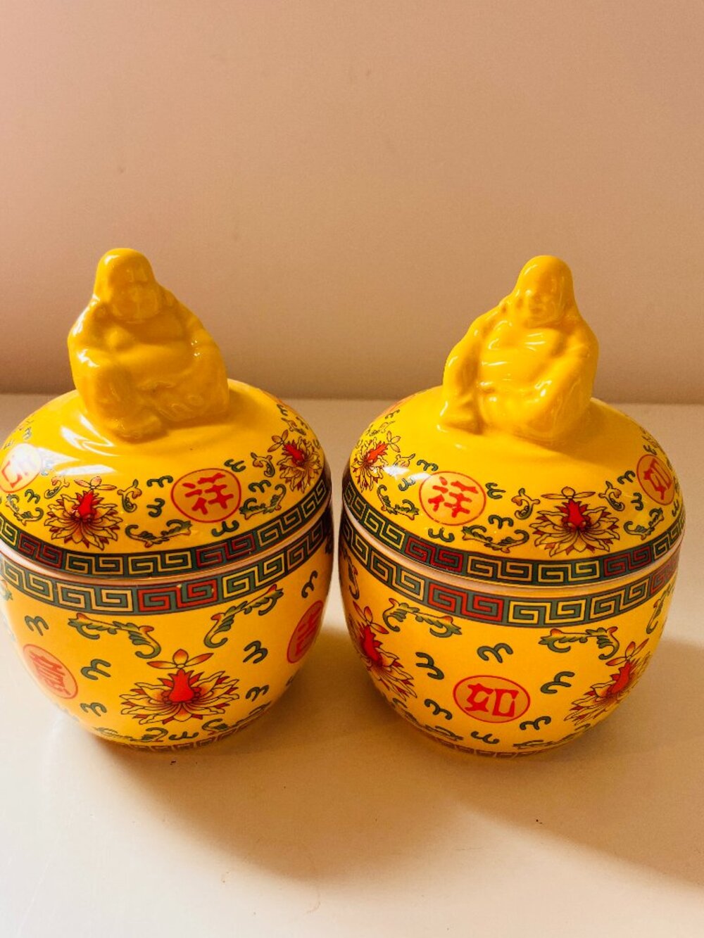 Fat Yellow Buddha Covered Soup Bowls or Vanity Jars (small size) Set of 2